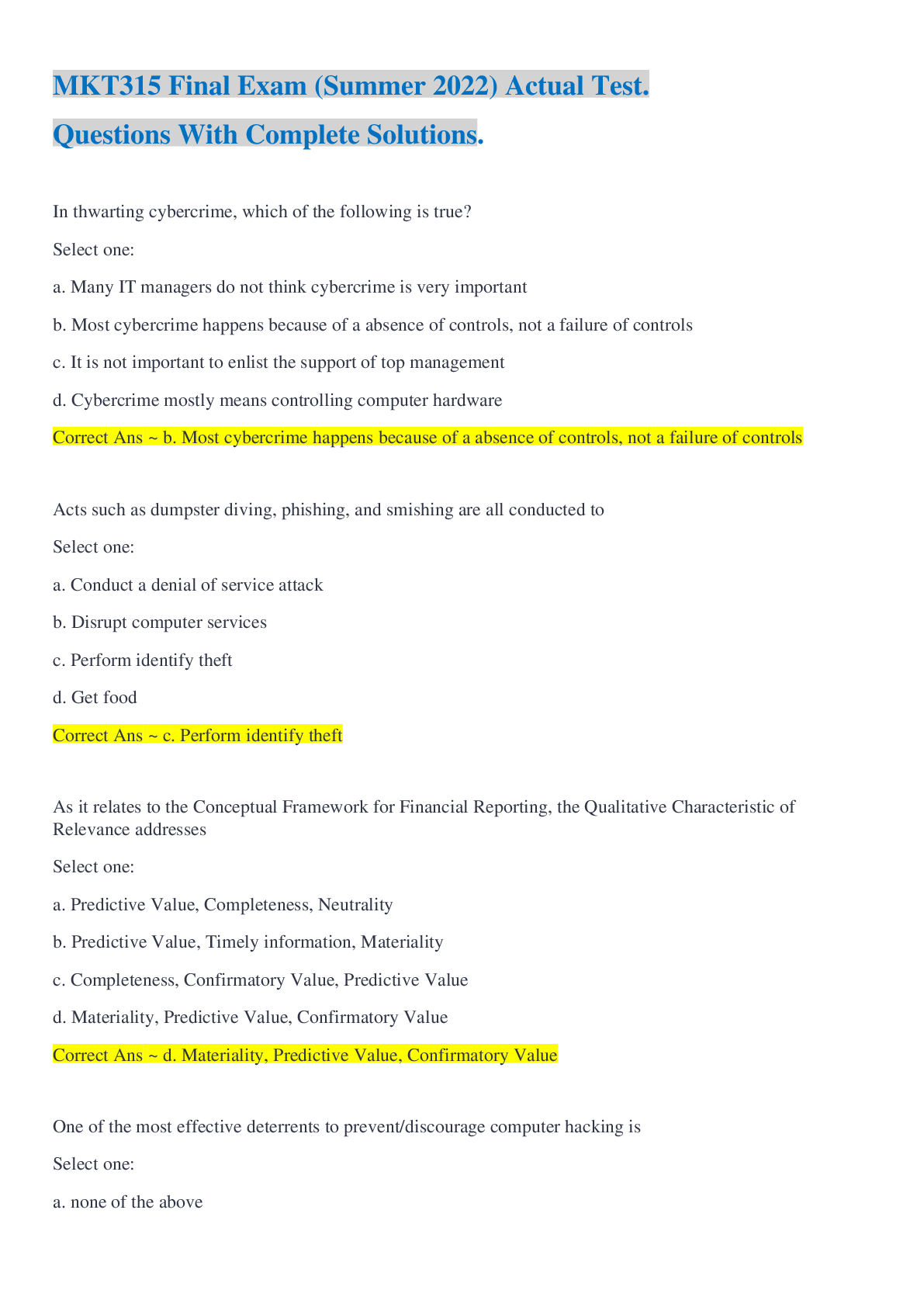 Preview of MKT315 Final Exam (Summer 2022) Actual Test. Questions With Complete Solutions